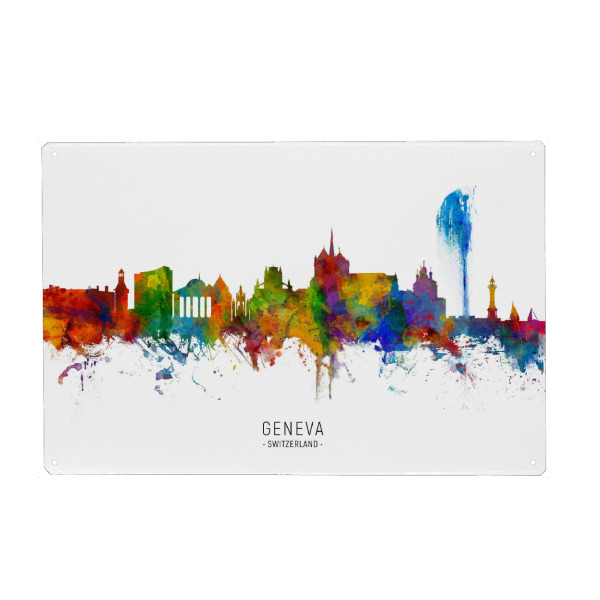 Holzbild "Geneva Switzerland Skyline txt" artboxONE - Städte - Geneva,Switzerland,Skyline,Cityscape,Stadtbild,Watercolor,Painting
