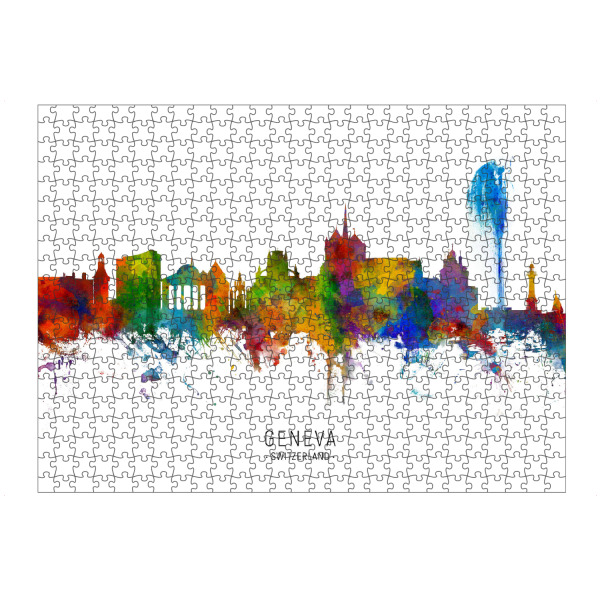 Puzzle Ravensburger "Geneva Switzerland Skyline txt" artboxONE - Städte - Geneva,Switzerland,Skyline,Cityscape,Stadtbild,Watercolor,Painting