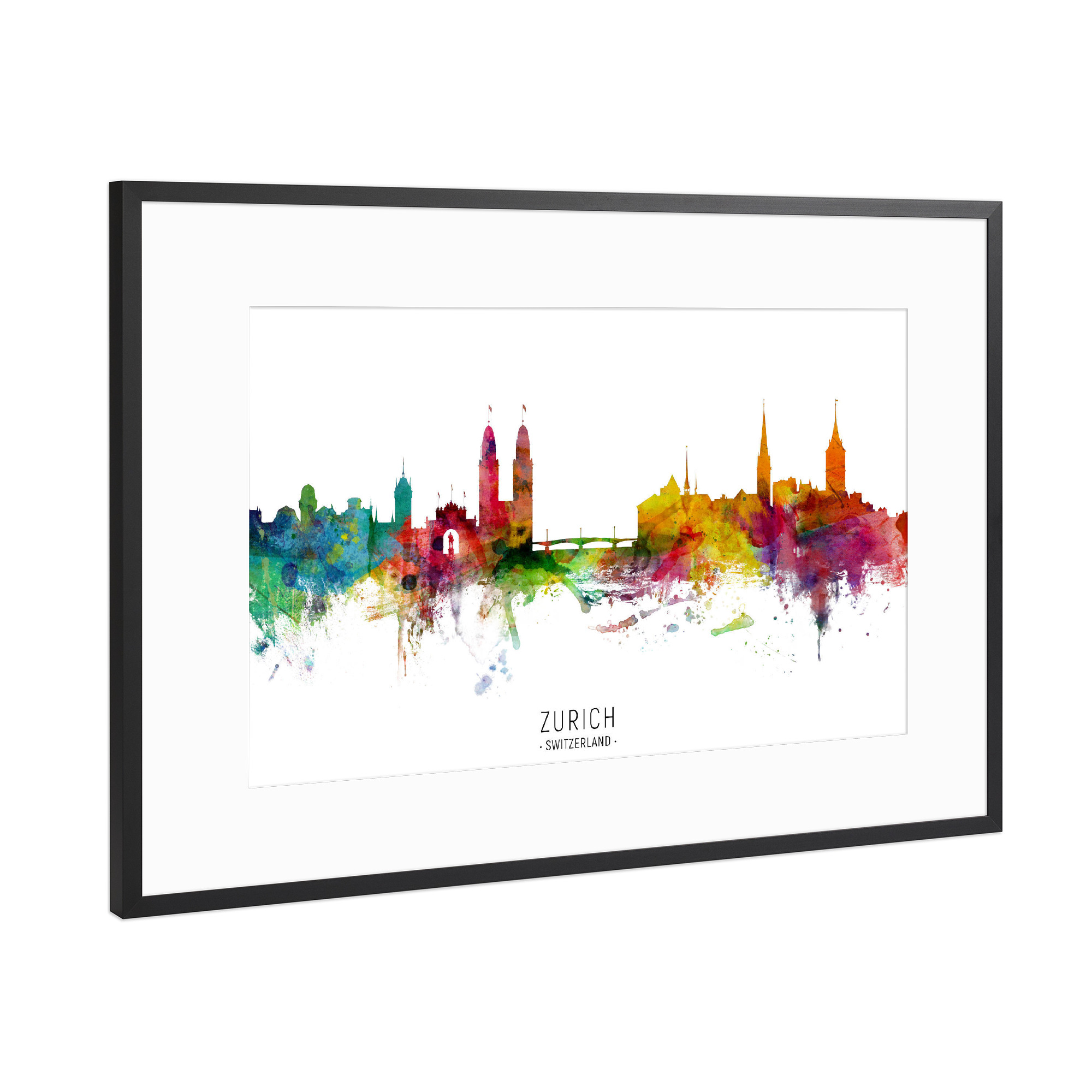 Poster mit Rahmen Schwarz (Metallic) "Zurich Switzerland Skyline txt" artboxONE - Städte / Zürich