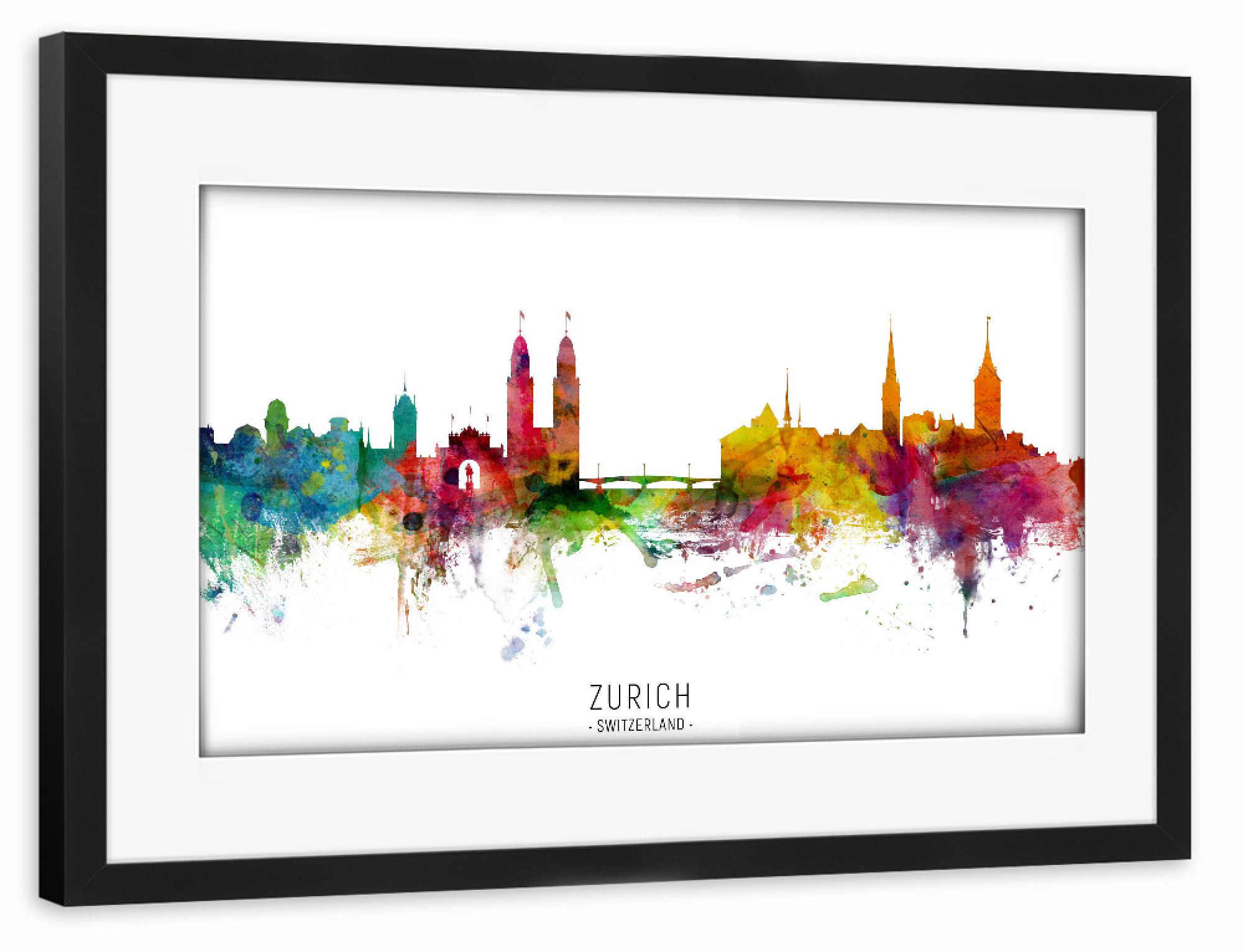 Poster mit Rahmen schwarz "Zurich Switzerland Skyline txt" artboxONE - Städte / Zürich