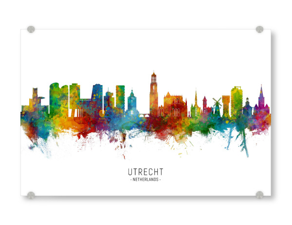 Acrylglasbild "Utrecht Netherlands Skyline txt" artboxONE - Städte - Utrecht,Netherlands,Skyline,Cityscape,Stadtbild,Watercolor,Painting