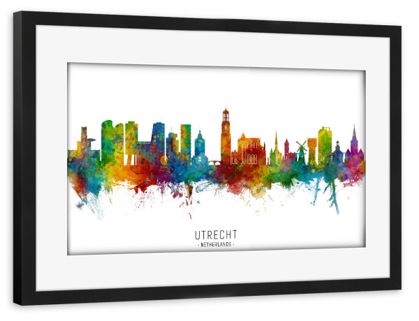 Poster mit Rahmen schwarz "Utrecht Netherlands Skyline txt" artboxONE - Städte - Utrecht,Netherlands,Skyline,Cityscape,Stadtbild,Watercolor,Painting