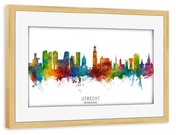 Poster mit Rahmen kiefer "Utrecht Netherlands Skyline txt" artboxONE - Städte - Utrecht,Netherlands,Skyline,Cityscape,Stadtbild,Watercolor,Painting