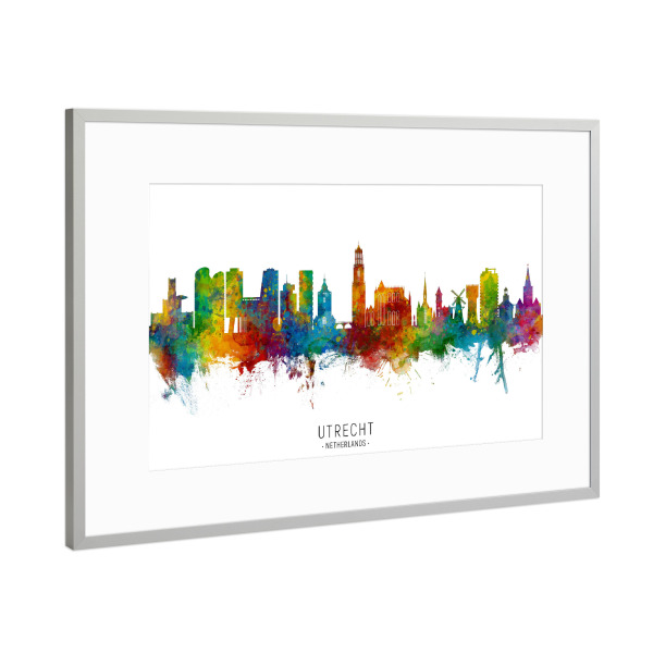 Poster mit Rahmen Silber "Utrecht Netherlands Skyline txt" artboxONE - Städte - Utrecht,Netherlands,Skyline,Cityscape,Stadtbild,Watercolor,Painting