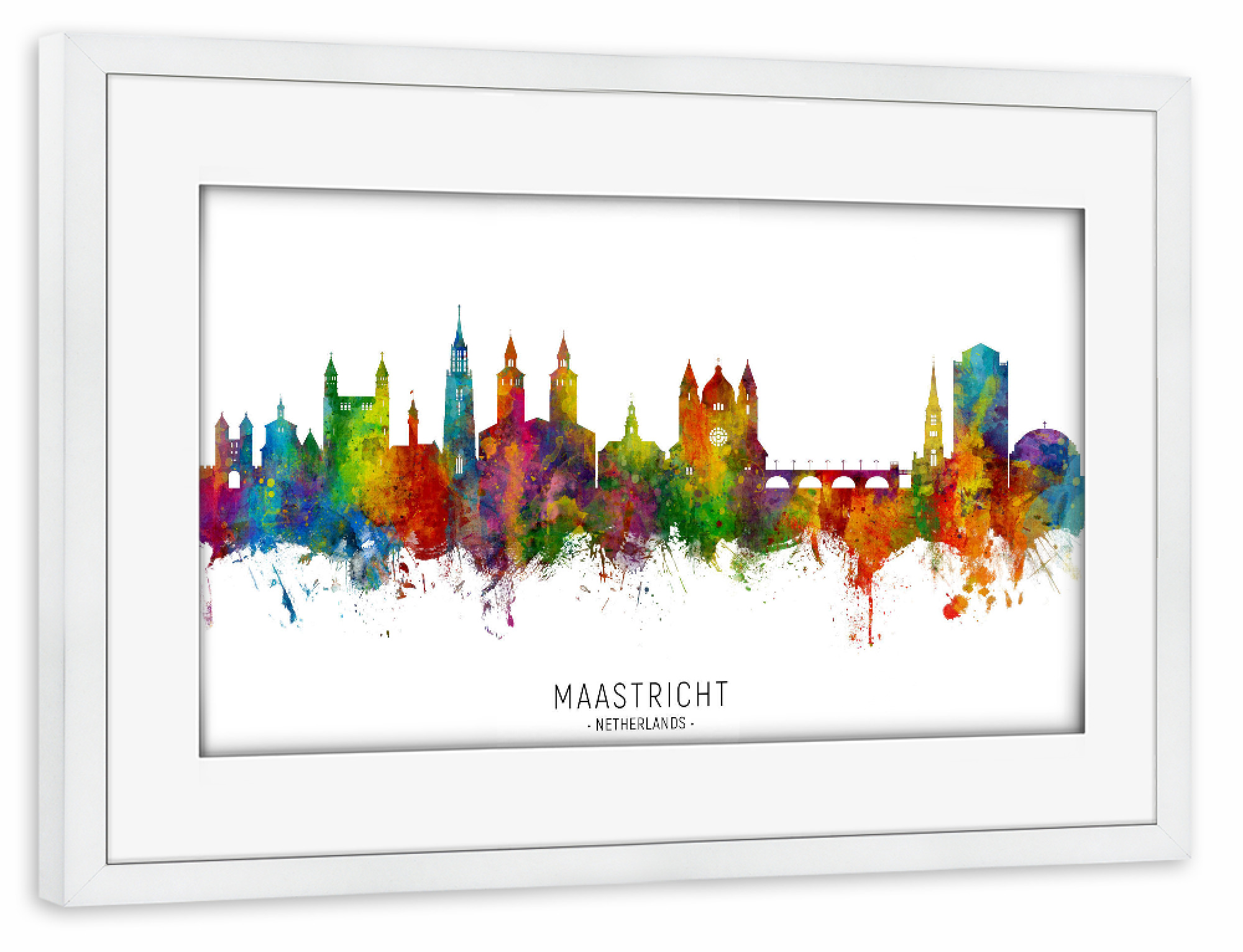 Poster mit Rahmen weiß "Maastricht Netherlands Skyline txt" artboxONE - Städte
