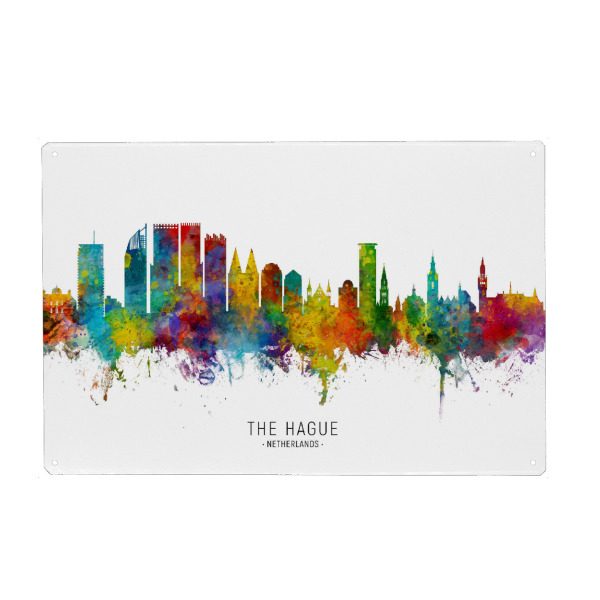 Metall Poster "The Hague Netherlands Skyline txt" artboxONE - Städte - The hague,Netherlands,Skyline,Cityscape,Stadtbild,Watercolor,Painting