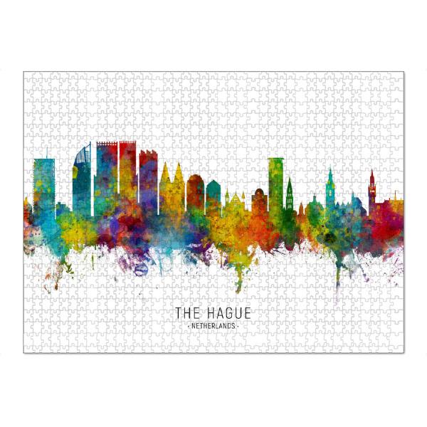 Puzzle Ravensburger "The Hague Netherlands Skyline txt" artboxONE - Städte - The hague,Netherlands,Skyline,Cityscape,Stadtbild,Watercolor,Painting