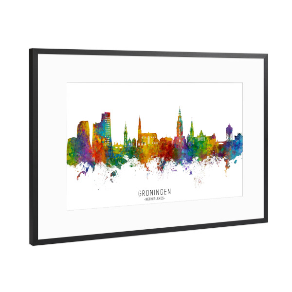 Poster mit Rahmen Schwarz (Metallic) "Groningen Netherlands Skyline txt" artboxONE - Städte