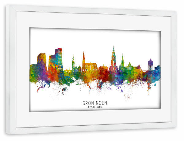 Poster mit Rahmen weiß "Groningen Netherlands Skyline txt" artboxONE - Städte - Groningen,Netherlands,Skyline,Cityscape,Stadtbild,Watercolor,Painting