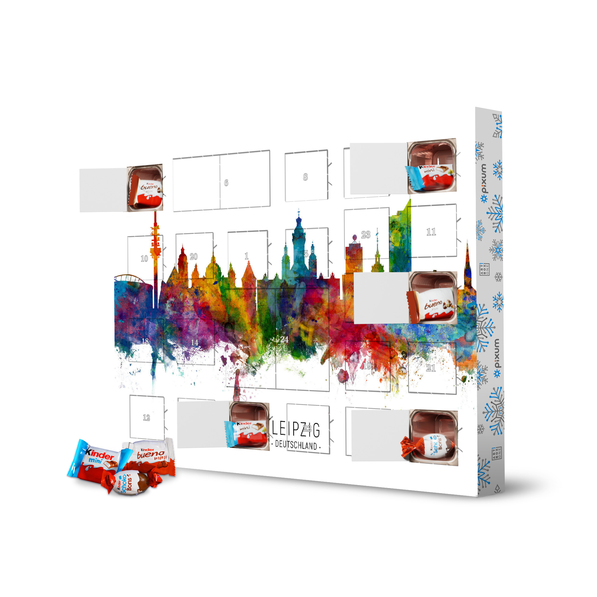 Adventskalender XXL mit Produkten von Kinder Leipzig Germany Skyline txt artboxONE Adventskalender Städte