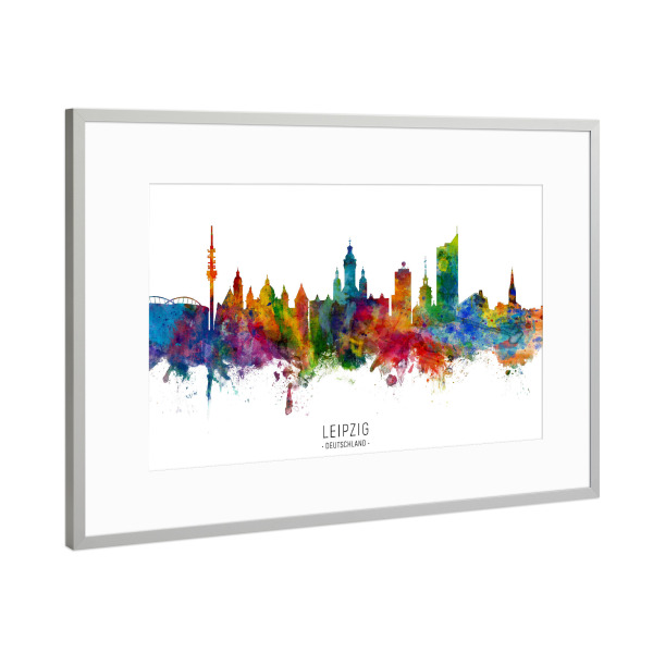 Poster mit Rahmen Silber "Leipzig Germany Skyline txt" artboxONE - Städte - Leipzig,Deutschland,Skyline,Cityscape,Stadtbild,Watercolor,Painting