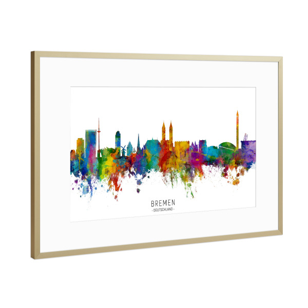 Poster mit Rahmen Gold "Bremen Germany Skyline txt" artboxONE - Städte - Bremen,Deutschland,Skyline,Cityscape,Stadtbild,Watercolor,Painting