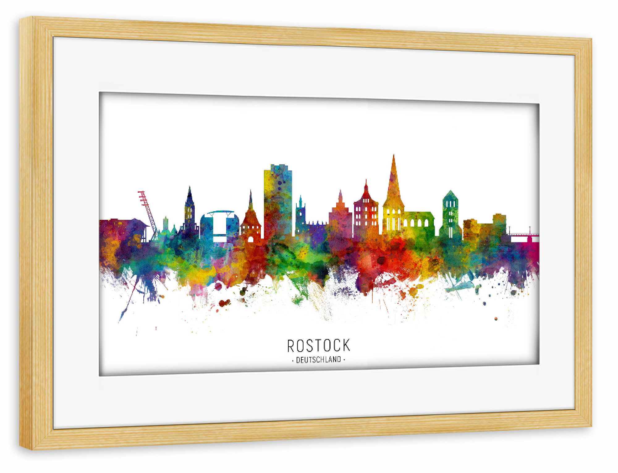 Poster mit Rahmen kiefer "Rostock Germany Skyline txt" artboxONE - Städte - Rostock,Deutschland,Skyline,Cityscape,Stadtbild,Watercolor,Painting