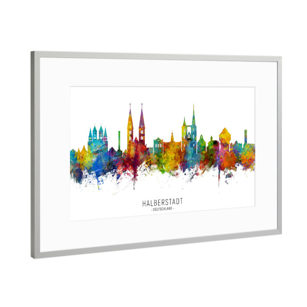 Poster mit Rahmen Silber "Halberstadt Germany Skyline txt" artboxONE - Städte