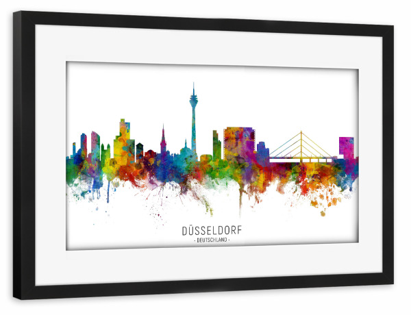 Poster mit Rahmen schwarz "Düsseldorf Germany Skyline txt" artboxONE - Städte / Düsseldorf