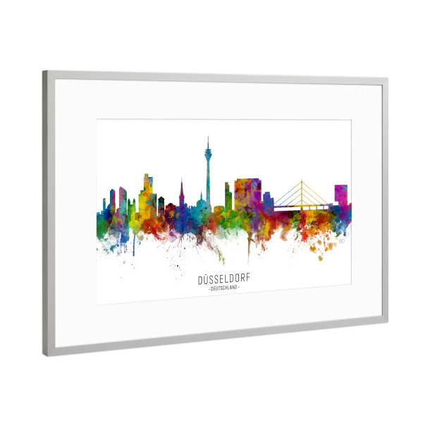 Poster mit Rahmen Silber "Düsseldorf Germany Skyline txt" artboxONE - Städte / Düsseldorf