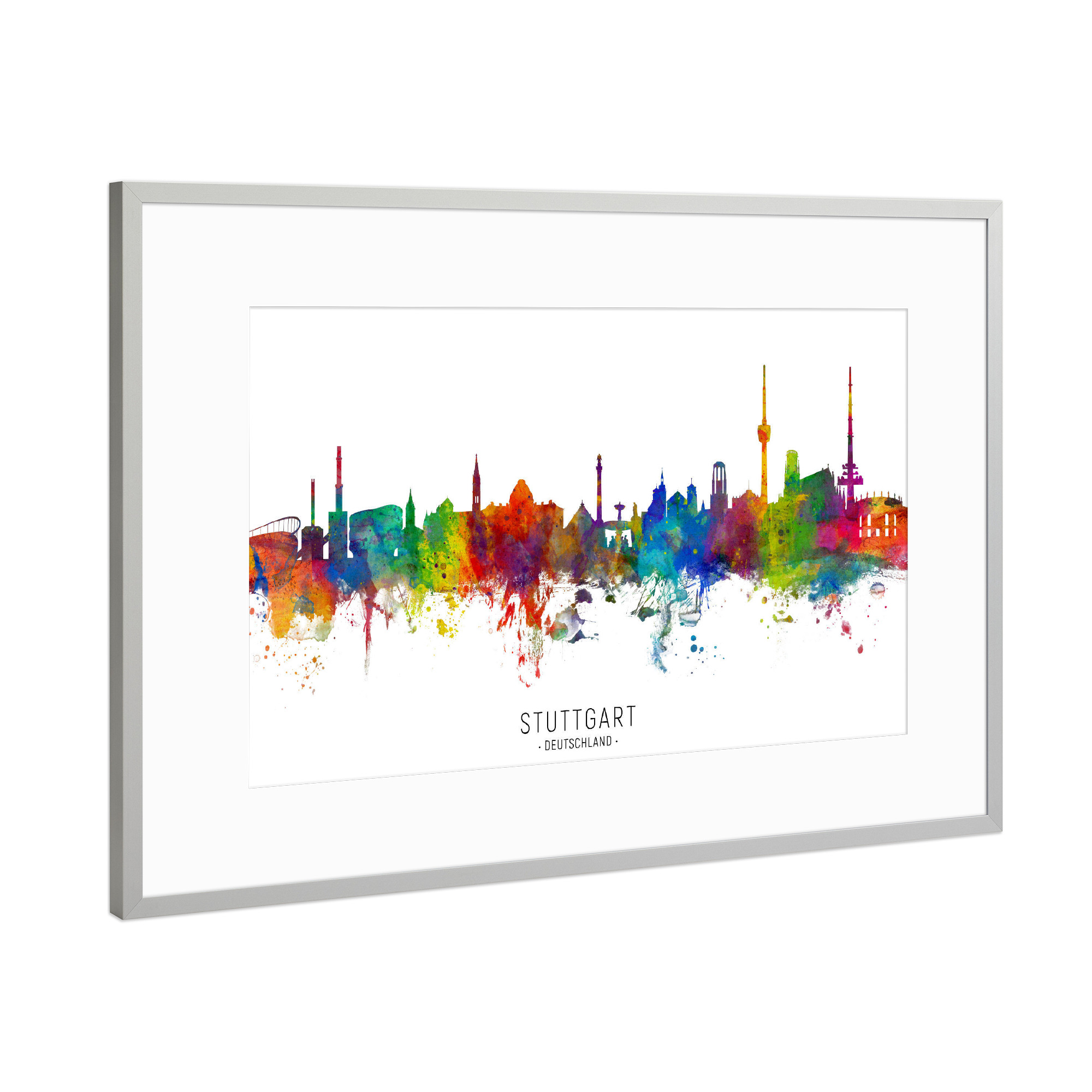 Poster mit Rahmen Silber "Stuttgart Germany Skyline txt" artboxONE - Städte / Stuttgart