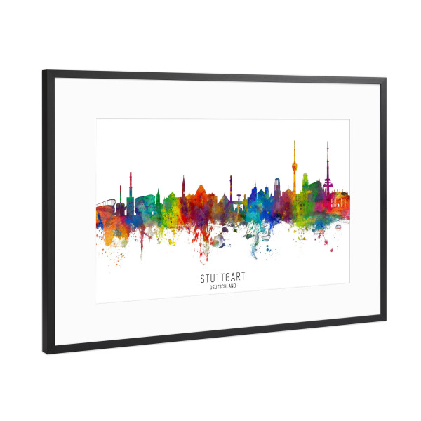 Poster mit Rahmen Schwarz (Metallic) "Stuttgart Germany Skyline txt" artboxONE - Städte / Stuttgart