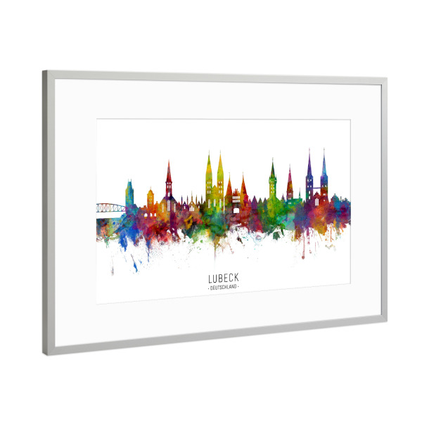 Poster mit Rahmen Silber "Lubeck Germany Skyline txt" artboxONE - Städte - Lubeck,Deutschland,Skyline,Cityscape,Stadtbild,Watercolor,Painting