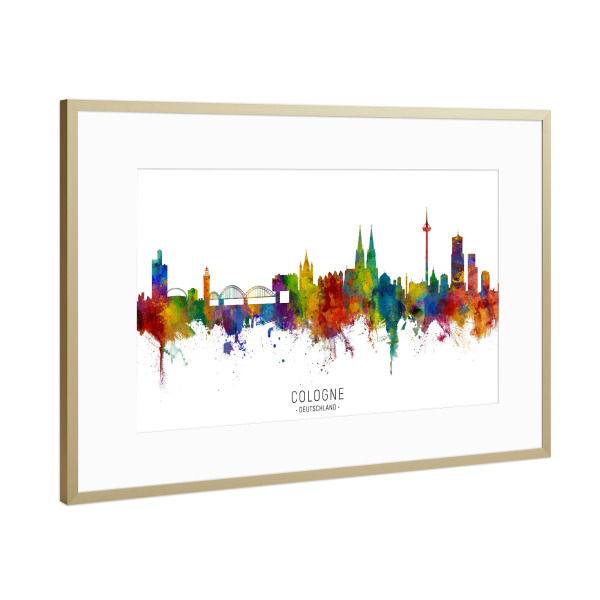 Poster mit Rahmen Gold "Cologne Germany Skyline txt" artboxONE - Städte / Köln - Cologne,Germany,Skyline,Cityscape,Stadtbild,Watercolor,Painting