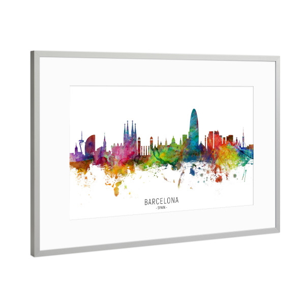 Poster mit Rahmen Silber "Barcelona Spain Skyline txt" artboxONE - Städte / Barcelona