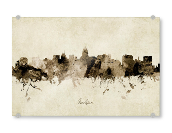 Acrylglasbild "Madison Wisconsin Skyline Sepia" artboxONE - Städte - Madison,Wisconsin,Skyline,Cityscape,Stadtbild,Watercolor,Painting