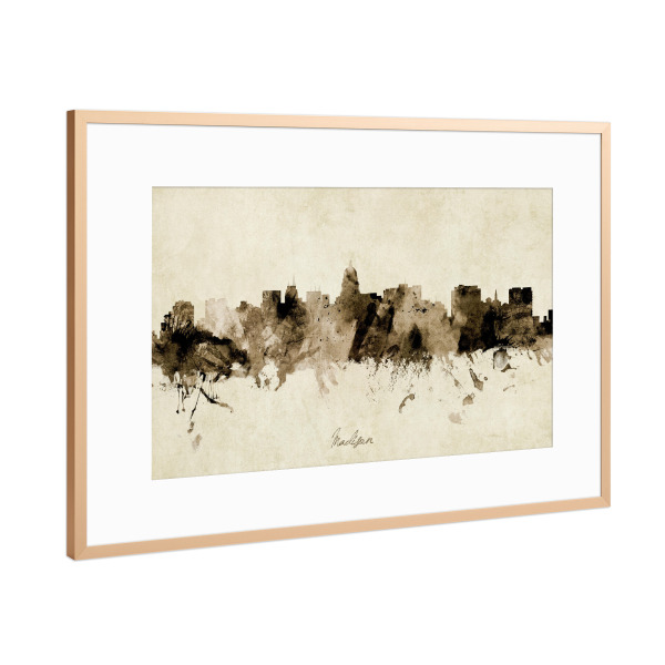 Poster mit Rahmen Kupfer "Madison Wisconsin Skyline Sepia" artboxONE - Städte - Madison,Wisconsin,Skyline,Cityscape,Stadtbild,Watercolor,Painting