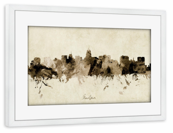 Poster mit Rahmen weiß "Madison Wisconsin Skyline Sepia" artboxONE - Städte - Madison,Wisconsin,Skyline,Cityscape,Stadtbild,Watercolor,Painting