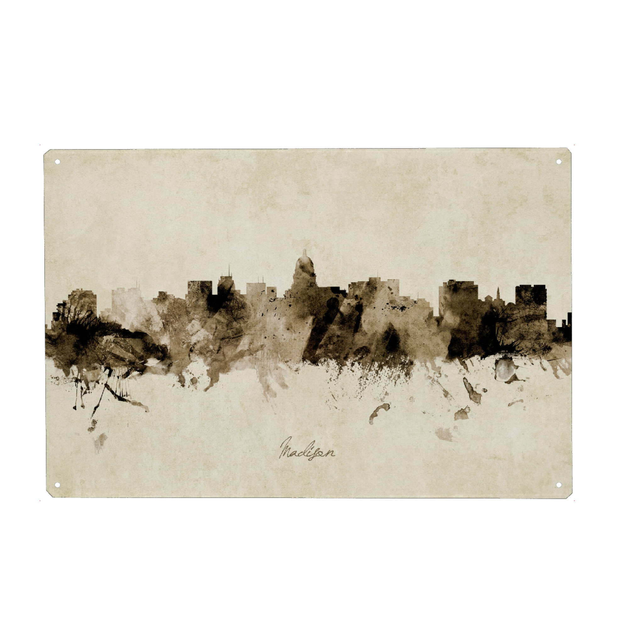 Metall Poster "Madison Wisconsin Skyline Sepia" artboxONE - Städte - Madison,Wisconsin,Skyline,Cityscape,Stadtbild,Watercolor,Painting - Blechschild