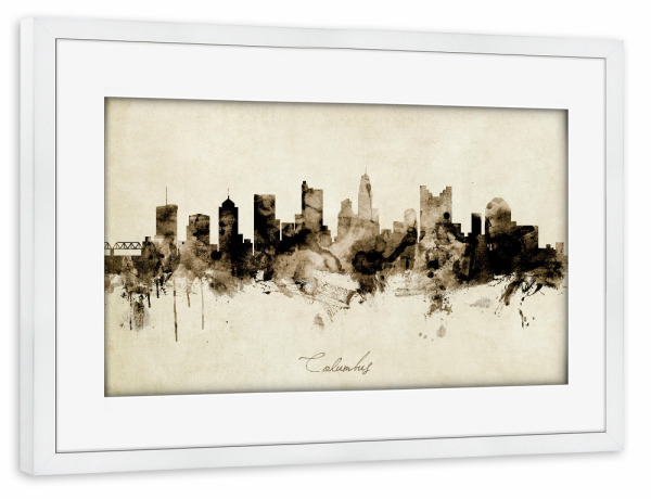 Poster mit Rahmen weiß "Columbus Ohio Skyline Sepia" artboxONE - Städte - Columbus,Ohio,Skyline,Cityscape,Stadtbild,Watercolor,Painting