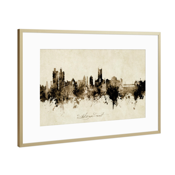 Poster mit Rahmen Gold "Stoke-on-Trent Skyline Sepia" artboxONE - Städte - Stoke-on-trent,England,Skyline,Cityscape,Stadtbild,Watercolor,Painting