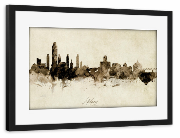 Poster mit Rahmen schwarz "Albany New York Skyline Sepia" artboxONE - Städte - Albany,New york,Skyline,Cityscape,Stadtbild,Watercolor,Painting