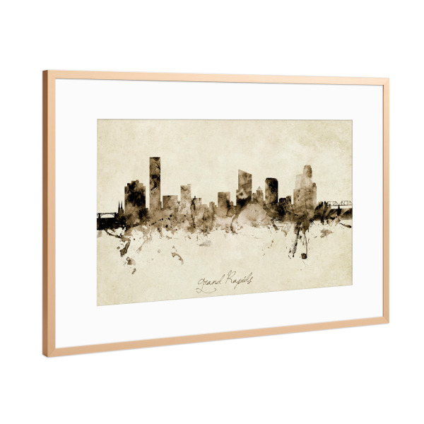 Poster mit Rahmen Kupfer "Grand Rapids Skyline Sepia" artboxONE - Städte - Grand rapids,Michigan,Skyline,Cityscape,Stadtbild,Watercolor,Painting