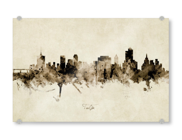 Acrylglasbild "Tulsa Oklahoma Skyline Sepia" artboxONE - Städte - Tulsa,Oklahoma,Skyline,Cityscape,Stadtbild,Watercolor,Painting