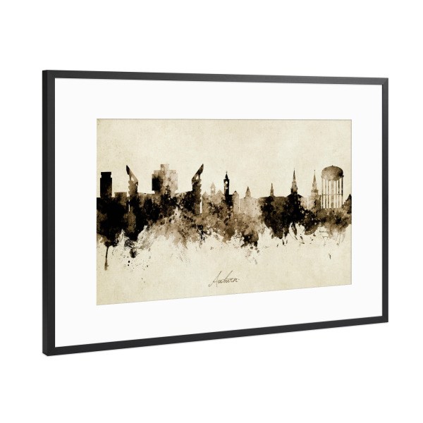Poster mit Rahmen Schwarz (Metallic) "Auburn Alabama Skyline Sepia" artboxONE - Städte