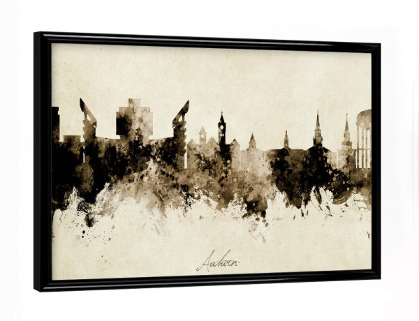 Poster mit schwarzem Rahmen "Auburn Alabama Skyline Sepia" artboxONE - Städte - Auburn,Alabama,Skyline,Cityscape,Stadtbild,Watercolor,Painting