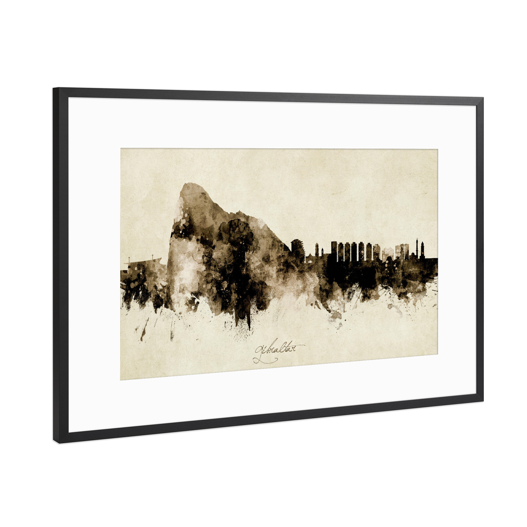 Poster mit Rahmen Schwarz (Metallic) "Gibraltar Skyline Sepia" artboxONE - Städte - Gibraltar,Skyline,Cityscape,Stadtbild,Watercolor,Painting