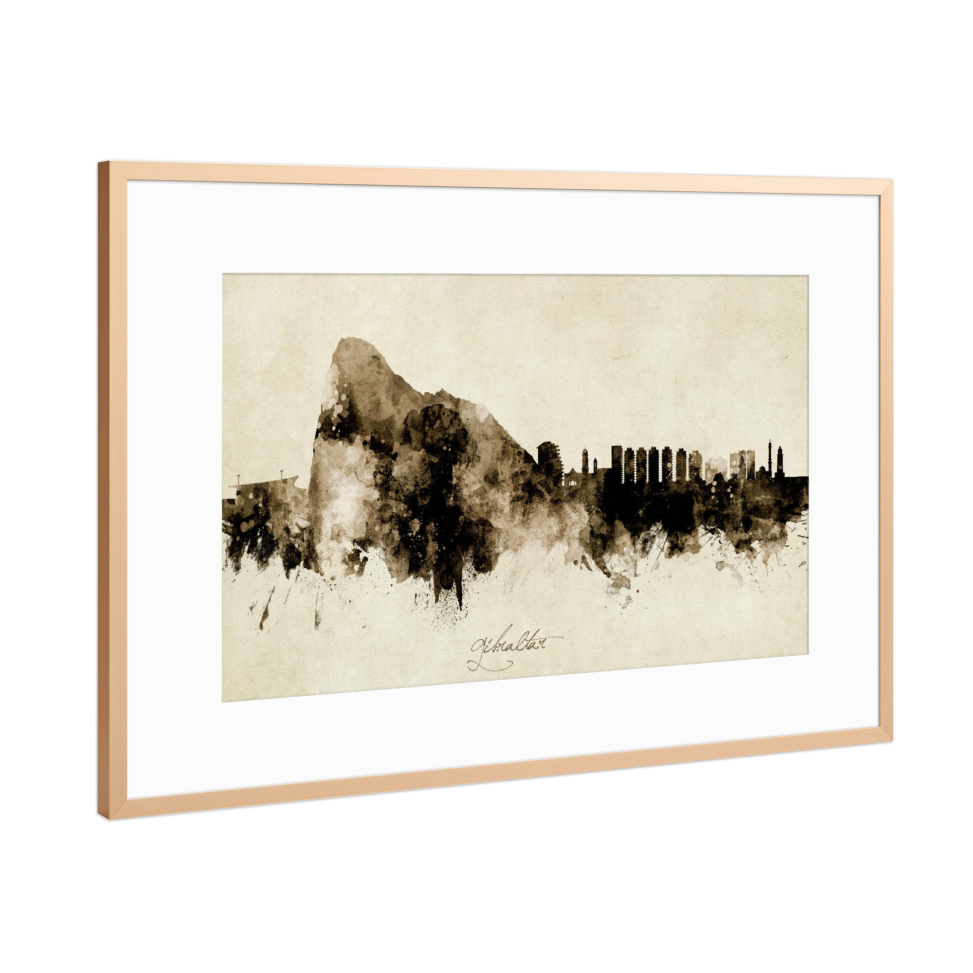 Poster mit Rahmen Kupfer "Gibraltar Skyline Sepia" artboxONE - Städte - Gibraltar,Skyline,Cityscape,Stadtbild,Watercolor,Painting