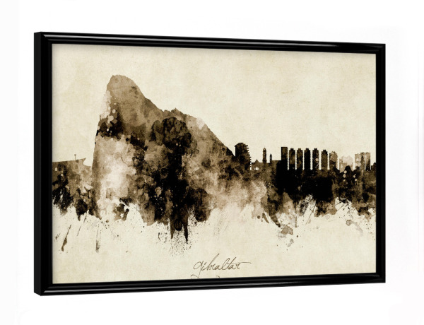 Poster mit schwarzem Rahmen "Gibraltar Skyline Sepia" artboxONE - Städte - Gibraltar,Skyline,Cityscape,Stadtbild,Watercolor,Painting