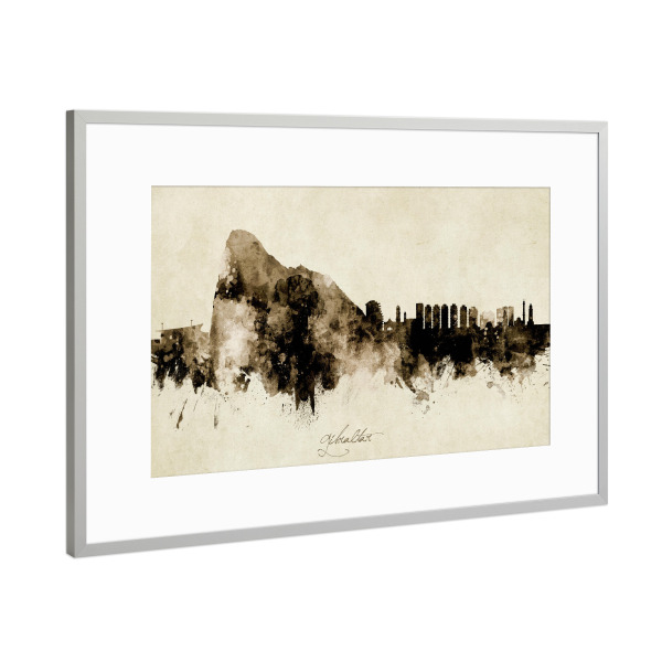 Poster mit Rahmen Silber "Gibraltar Skyline Sepia" artboxONE - Städte - Gibraltar,Skyline,Cityscape,Stadtbild,Watercolor,Painting