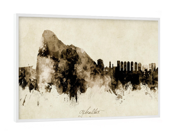 Poster mit weißem Rahmen "Gibraltar Skyline Sepia" artboxONE - Städte - Gibraltar,Skyline,Cityscape,Stadtbild,Watercolor,Painting