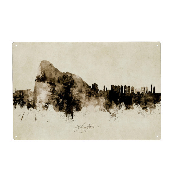 Holzbild "Gibraltar Skyline Sepia" artboxONE - Städte - Gibraltar,Skyline,Cityscape,Stadtbild,Watercolor,Painting