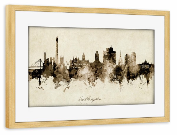 Poster mit Rahmen kiefer "Northampton England Skyline Sepia" artboxONE - Städte - Northampton,England,Skyline,Cityscape,Stadtbild,Watercolor,Painting