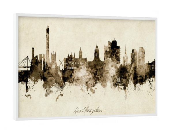 Poster mit weißem Rahmen "Northampton England Skyline Sepia" artboxONE - Städte - Northampton,England,Skyline,Cityscape,Stadtbild,Watercolor,Painting