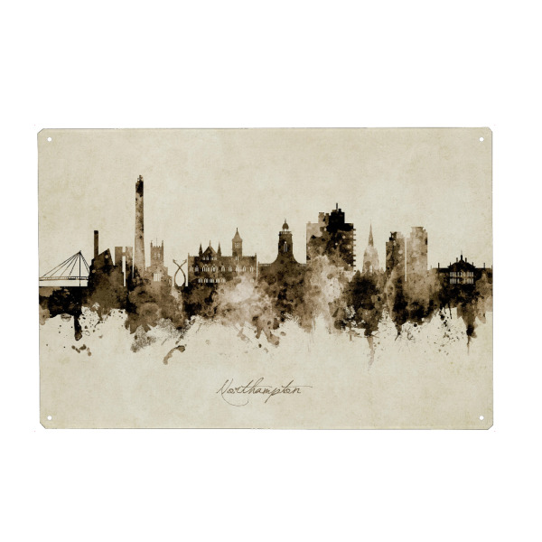 Metall Poster "Northampton England Skyline Sepia" artboxONE - Städte - Northampton,England,Skyline,Cityscape,Stadtbild,Watercolor,Painting