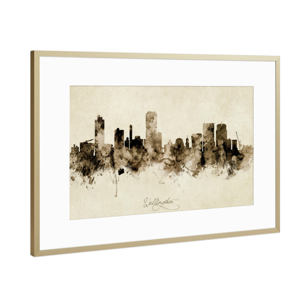 Poster mit Rahmen Gold "Wellington NZ Skyline Sepia" artboxONE - Städte - Wellington,New zealand,Skyline,Cityscape,Stadtbild,Watercolor,Painting