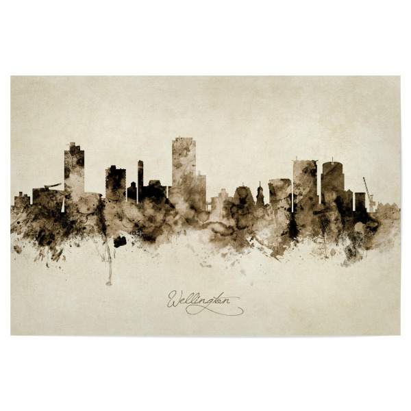 Poster "Wellington NZ Skyline Sepia" artboxONE - Städte - Wellington,New zealand,Skyline,Cityscape,Stadtbild,Watercolor,Painting