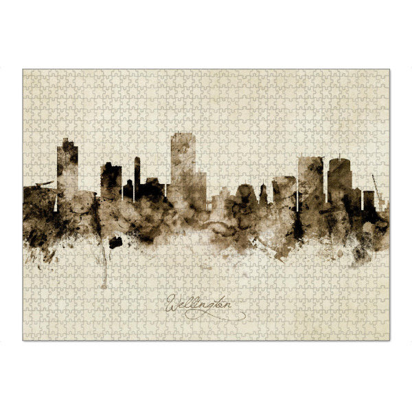 Puzzle Ravensburger "Wellington NZ Skyline Sepia" artboxONE - Städte - Wellington,New zealand,Skyline,Cityscape,Stadtbild,Watercolor,Painting