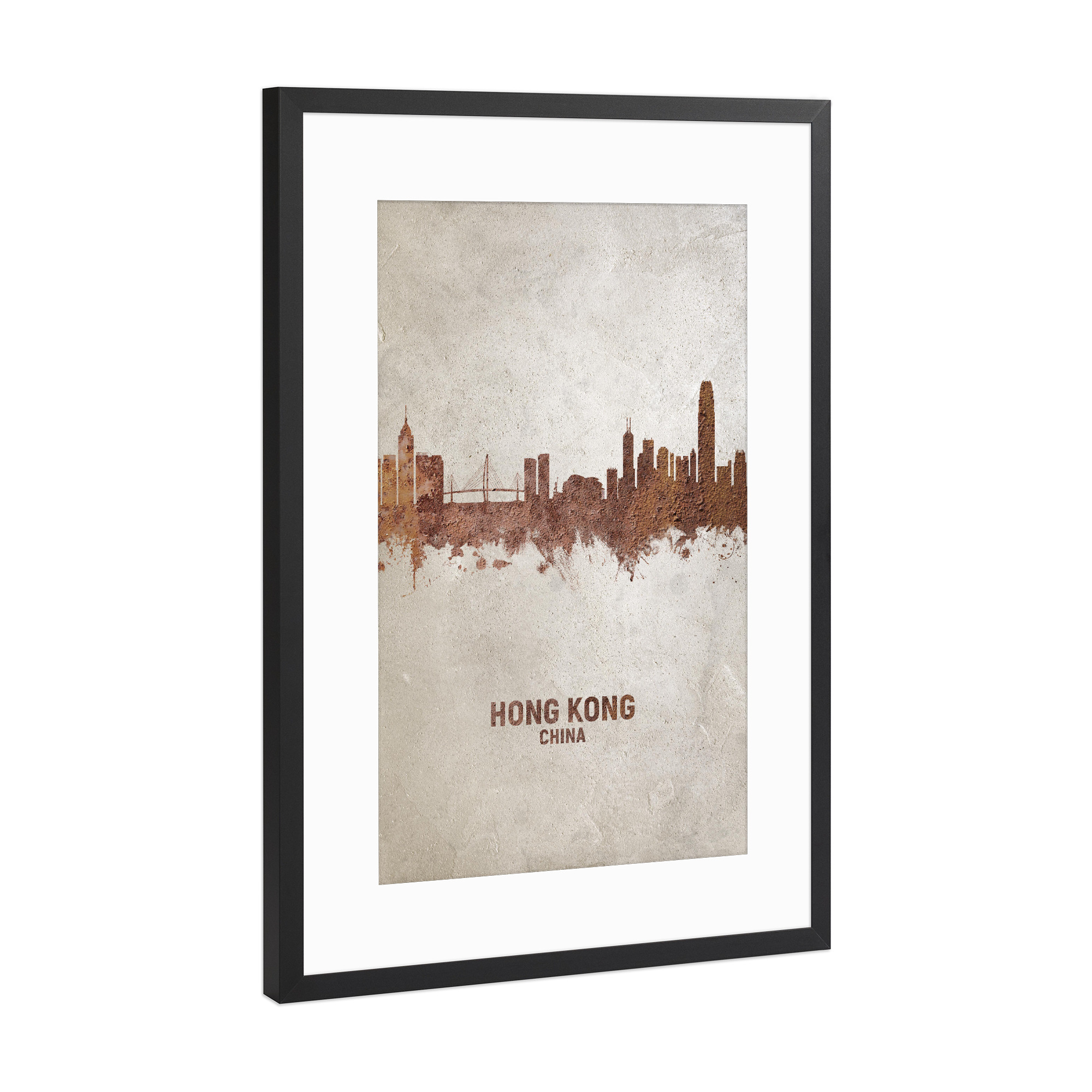 Poster mit Rahmen Schwarz (Metallic) "Hong Kong Skyline Rust" artboxONE - Städte