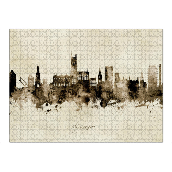 Puzzle Ravensburger "Gloucester England Skyline Sepia" artboxONE - Städte - Gloucester,England,Skyline,Cityscape,Stadtbild,Watercolor,Painting